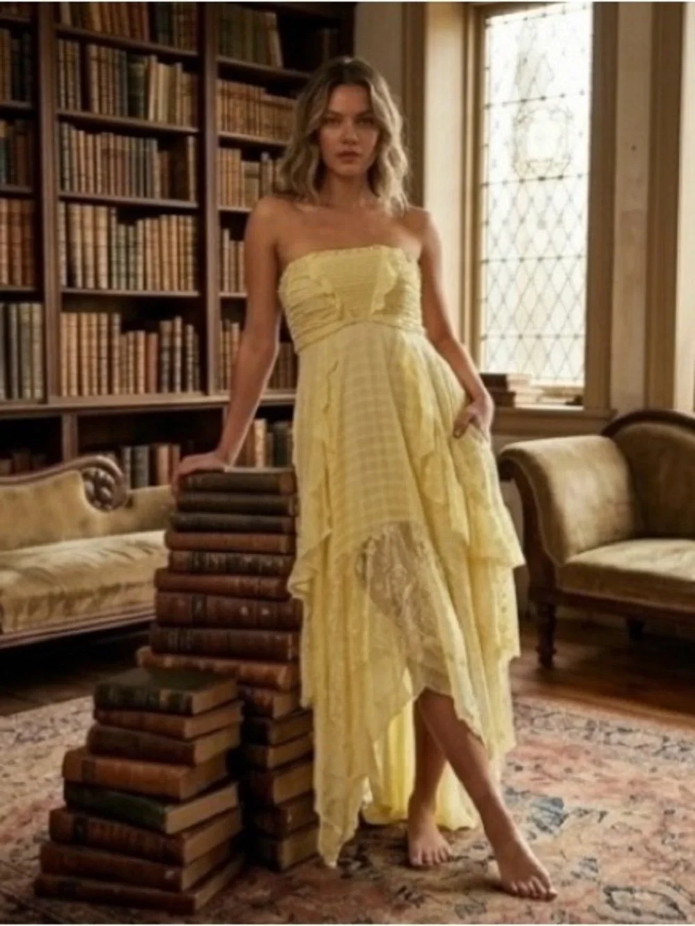 Free People Bliss Lace Kerchief Hem Strapless Maxi Dress Yellow Size Large - Picture 1 of 16